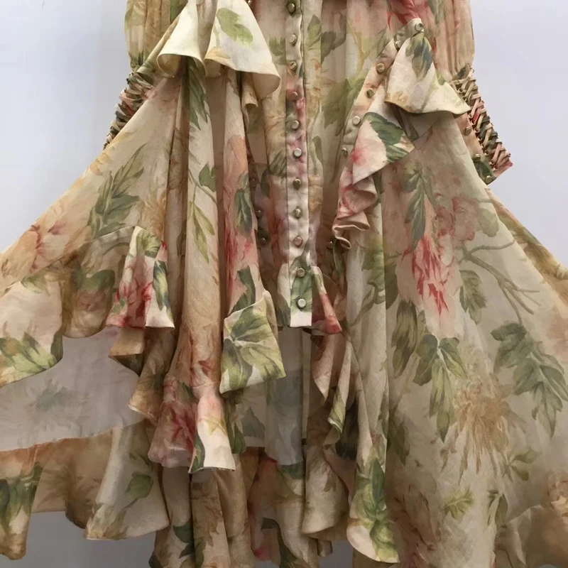 Long Wrap Dress Autumn Boho Style Floral Print Ruffle Dress Sexy Elegant Party Dress
