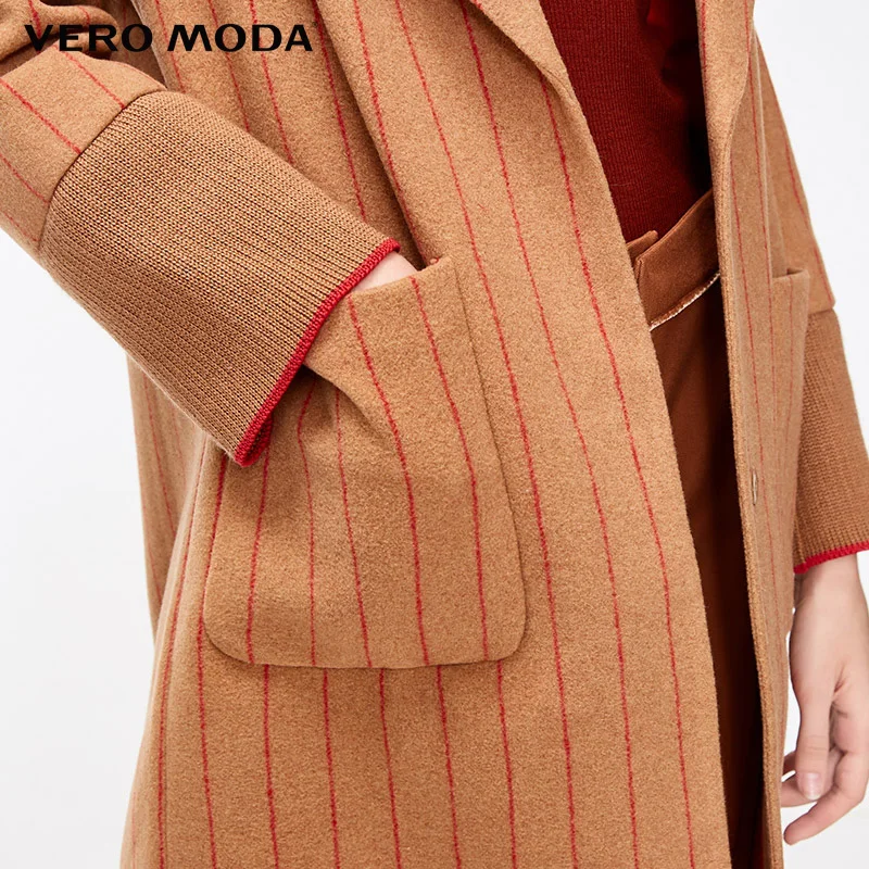 Vero Moda зимнее полосатое шерстяное пальто средней длины с манжетами в рубчик | 318327550