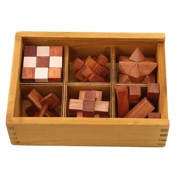 

6 Pcs/Set Kids Educational Toys New Design IQ Brain Teaser Kong Ming Lock 3D Wooden Interlocking Burr Puzzles Game Toy