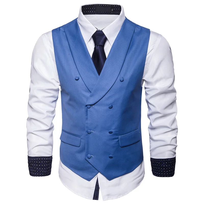 Мужской костюм, жилет, осенний однотонный пиджак без рукавов, деловой повседневный мужской жилет, черный, серый, синий, модный жилет размера плюс - Цвет: Blue