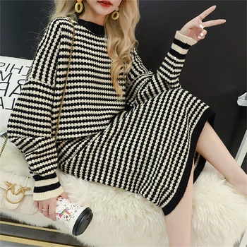 

Autumn knitted suit women 2 two piece set skirt suit oversize warm tracksuit wool vintage suit set stripe elastic women outfits