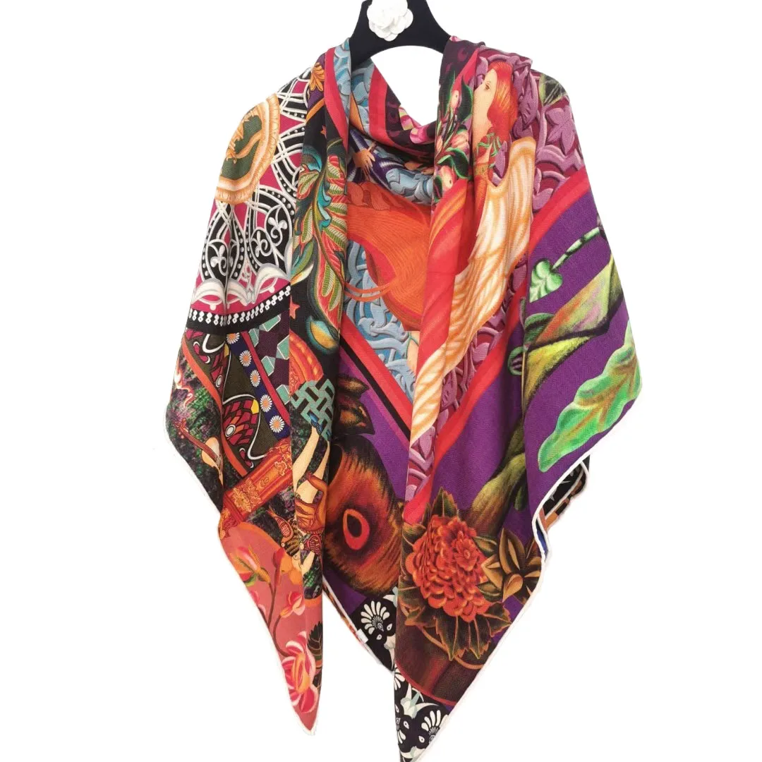 

70% Cashmere 30% Silk Thin Scarf Women Vintage Angle Double-sided Print Shawl Square Stole Pashmina Kerchief 135x135cm