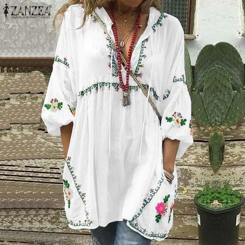  Plus Size Tunic Women's Print Blouse 2019 ZANZEA Bohemian Summer Vestido Casual Long Puff Sleeve Sh