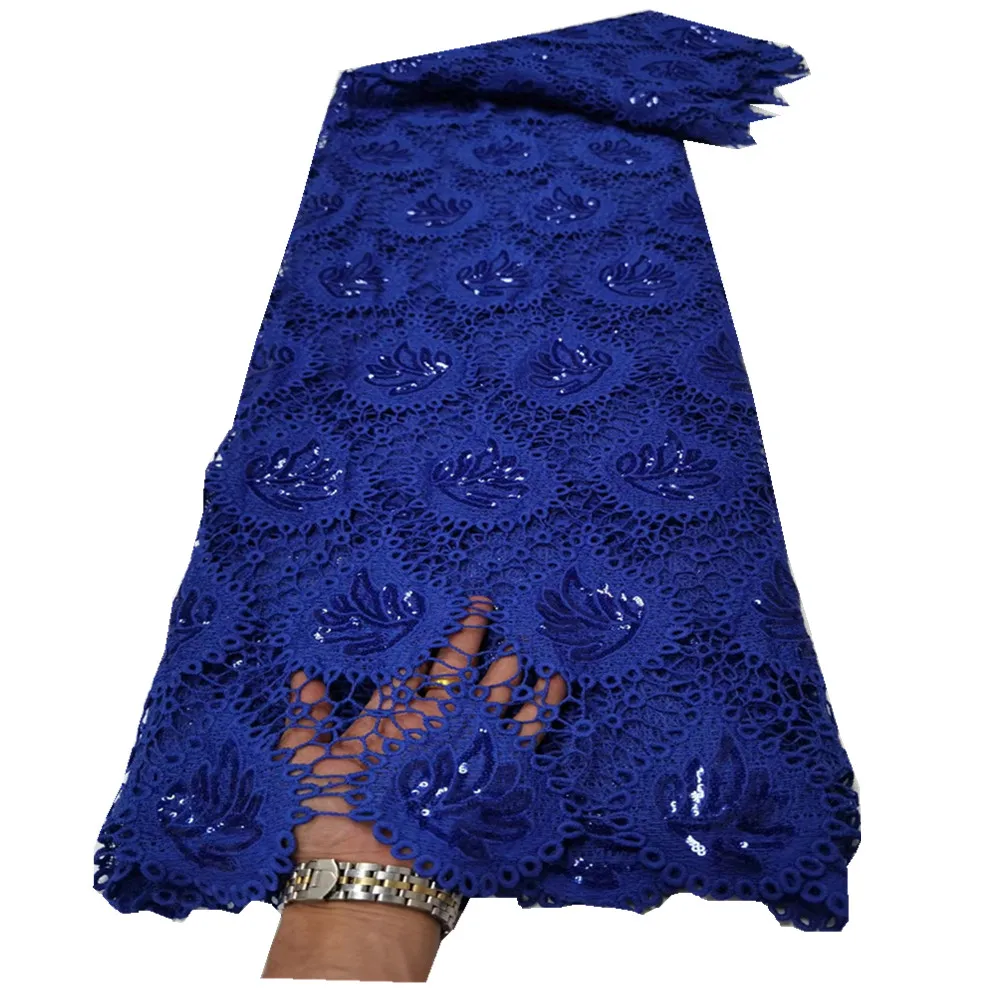 

African royal blue Guipure Lace Fabric 2021 High Quality Nigerian Cord Lace Fabric Water Soluble Lace For Wedding Sewing xq69-36