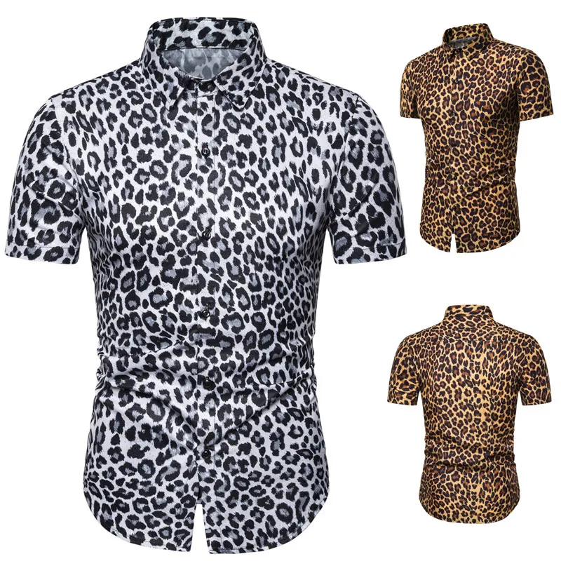 Summer New Fashion Mens Leopard Printed Shirt Casual Button Shirts Men Short Sleeve Sexy Streetwear Shirt