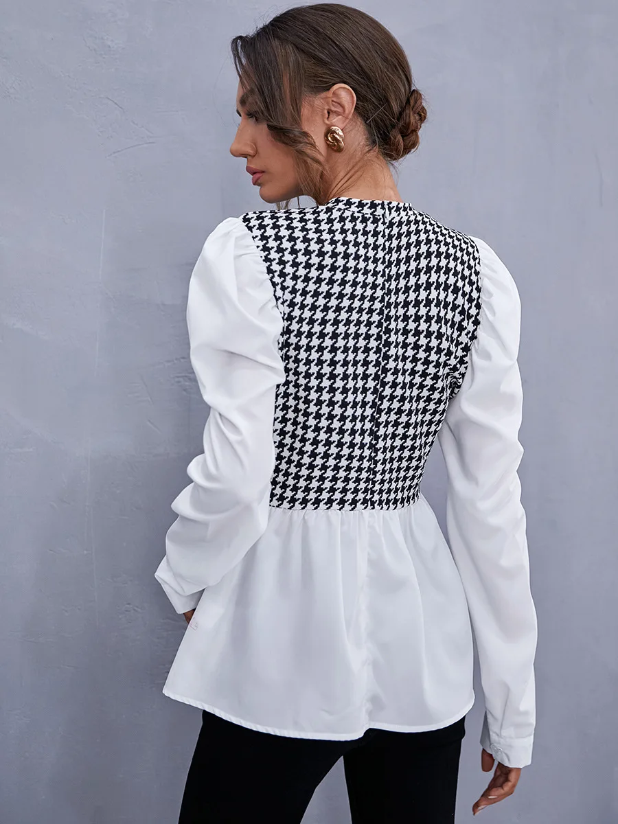 #Women #Elegant Houndstooth Shirt #Ladies Blouse Office White Shirts