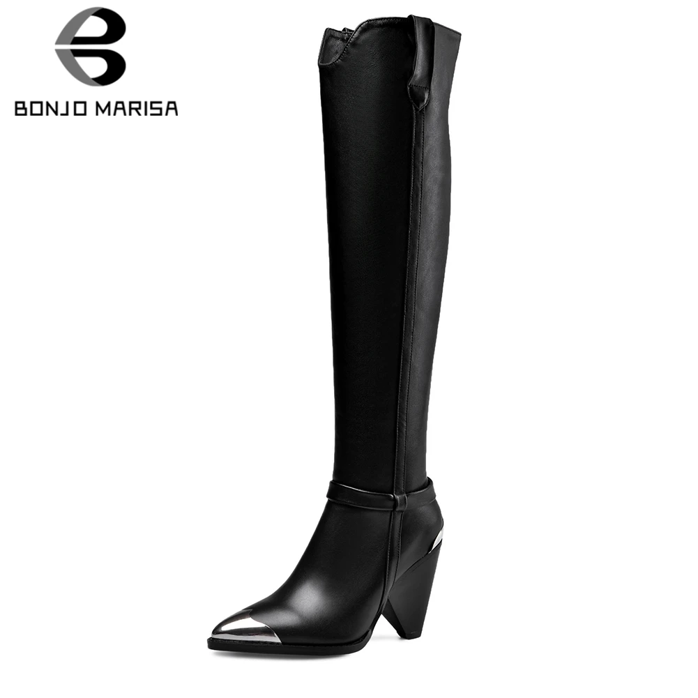 

BONJOMARISA Chelsea Cow Leather Knee High Boots For Woman Spike High Heels Shoes Ladies Party Pointed Toe Metal Shoes Size 33-43