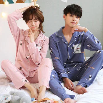 

Cartoon Print 100% Cotton Pajamas Sets For Women 2020 Autumn Winter Couples Long Sleeve Pyjama Men Lounge Homewear Home Clothing