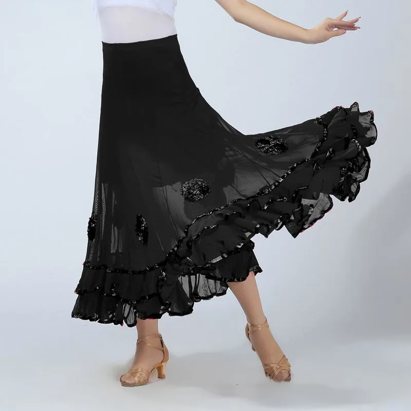 Women Belly Dance Waltz Flamenco Ballroom Dress Competition Outfits Spain Dancer Skirts Long Swing Dance Skirt Holographic (1)