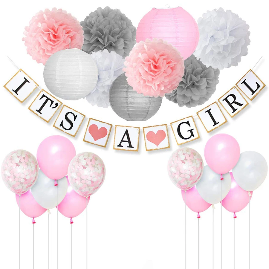 41 шт./компл. белые открытки для торжеств фонари воздушные шары украшения на первый день рождения, детский душ мальчик Девочка Синий помпон Цветок сувениры - Цвет: Pink