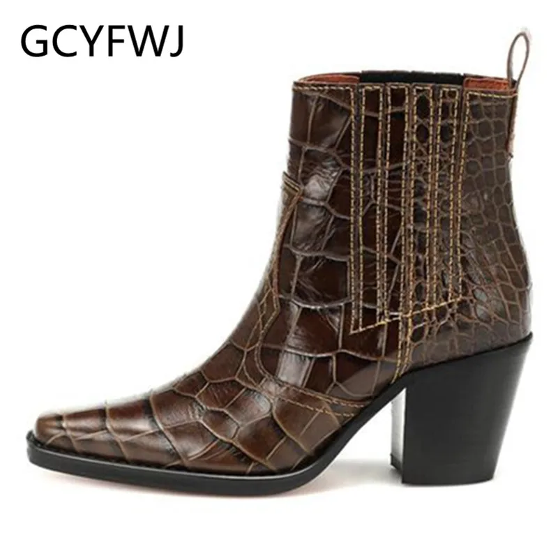 

GCYFWJ Brown Crocodile Print Cowboy Booties Red Patent Square Toe Texas Ankle Boots With Block Heel White Slip on Mid Heel Botas