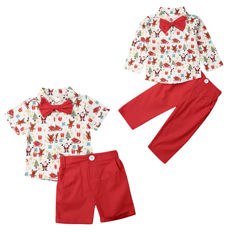 Рождественская Одежда для маленьких мальчиков возрастом от 1 года до 6 лет Рождественская футболка джентльмена с рисунком+ короткие штаны осенне-зимний комплект одежды из 2 предметов