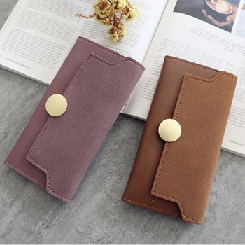 

Fashion Wallets Vintage Long PU Leather Wallet for Women Female Trendy Credit Card Holder Simple Metal Button Purse