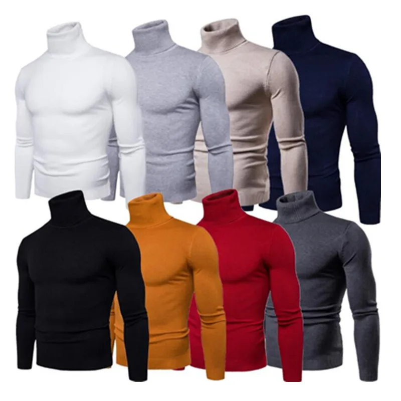 Мужской теплый свитер с высоким воротником однотонный Повседневный облегающий