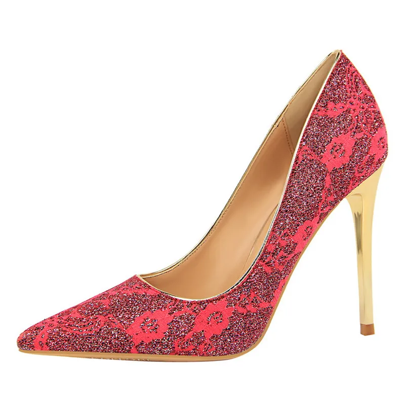 Bling Для женщин обувь на высоком каблуке пикантные кружевной блеск тканые туфли, расшитые пайетками острый носок сетчатые туфли-лодочки золотой вышивкой вечерние свадебные шпильки - Цвет: Rose Red
