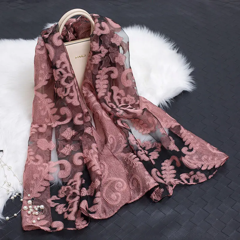 90-180 см женский шелковый шарф с цветочной вышивкой, шарфы для девушек, вышивка, дикая Солнцезащитная шаль для взрослых, Длинные вышитые кружевные шарфы - Цвет: Розовый