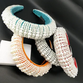 

5 Colors Baroque Beaded Headband Head Chain Soft Sponge Hairbands Pearl Crown Head Accessories Fashionable, Western Style