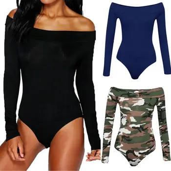 

Womens Bodysuit Sexy Off Shoulder Long Sleeve Solid Color Slim Bodysuit Leotard Top Plain Stretch Casual Romper 2019 Fashion Lot