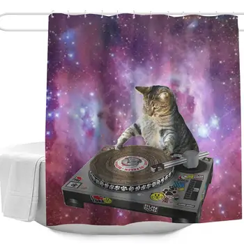 

DJing Cat Design Shower Curtain Set Polyester Fabric Waterproof Small Bath Curtain with Hooks Modern Bathroom Accessories 60" W