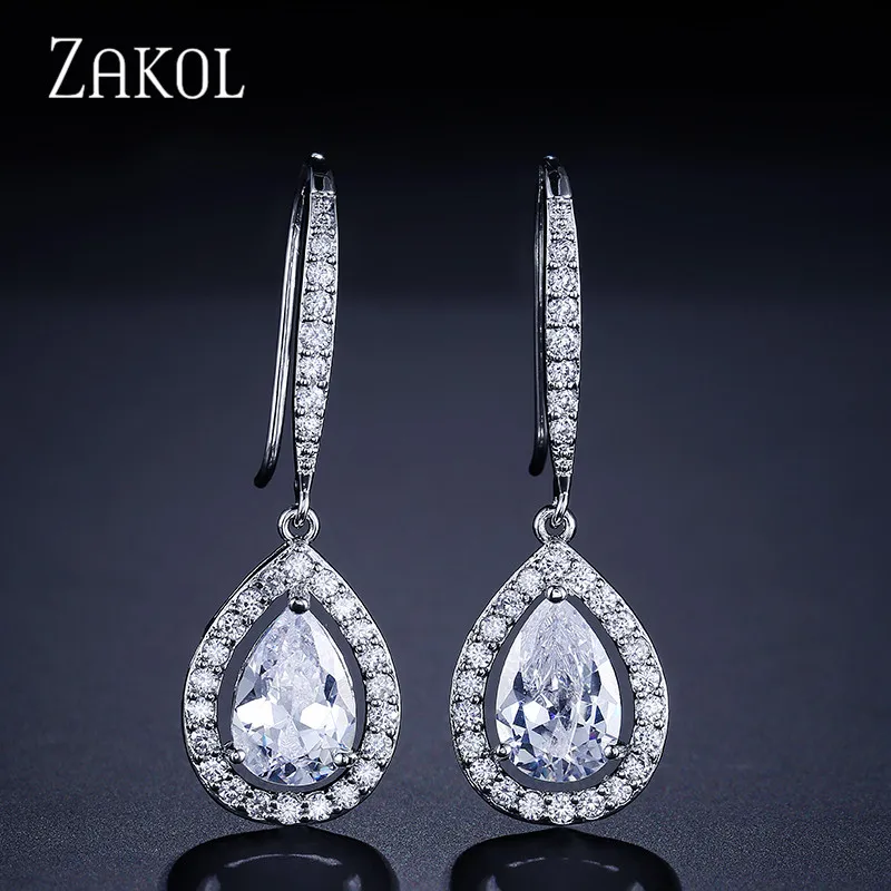 White 1 ZAKOL Элегантные Свадебные Длинные серьги в форме капли с кубическим цирконием, роскошные свадебные украшения для невест FSEP2207 - Окраска металла: White 1