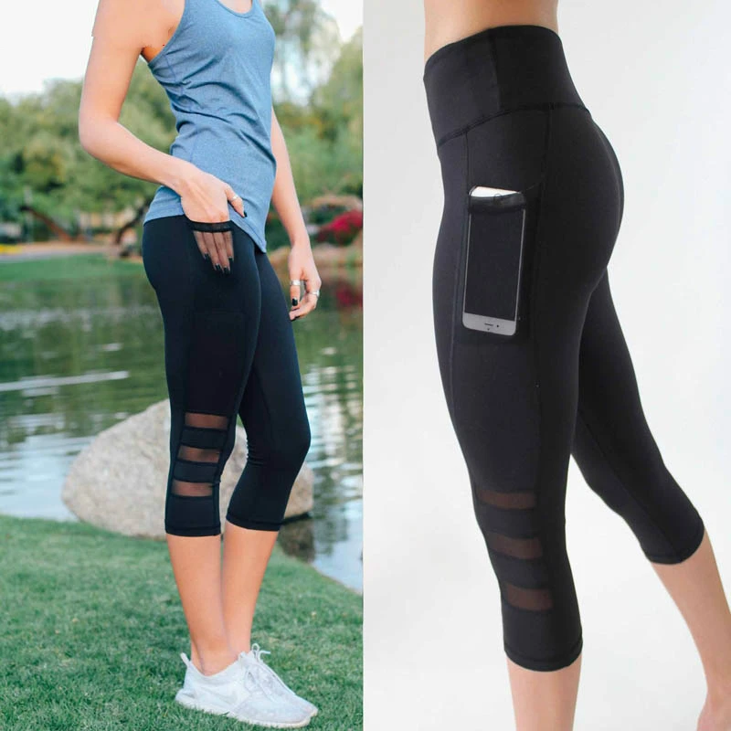 Women Legging Patchwork Mesh Black Capri Leggings Plus Size Sexy Fitness Sporting Pants with Pocket Mid-Calf Trousers Women Legging Patchwork Mesh Black Capri Leggings Plus Size Sexy Fitness Sporting Pants with Pocket Mid-Calf Trousers