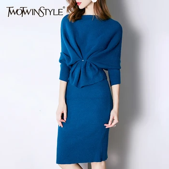 

TWOTWINSTYLE Korean Knitted Two Piece Set For Women O Neck Batwing Sleeve Sweater High Waist Pencil Skirts 2020 Autumn Tide New
