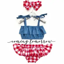 

3Pcs Baby Girl Plaid Outfits Toddler Kids Sleeveless Tops+Lattice Shorts+Headband Clothes