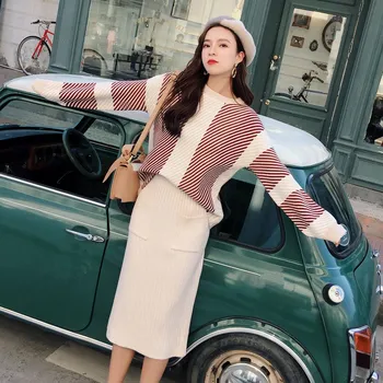 

Women Casual Knitted Sweater Midi Skirts Loose Set 2019 Autumn Batwing Sleeve Tops High Waist Skirts 2 Pieces Suit