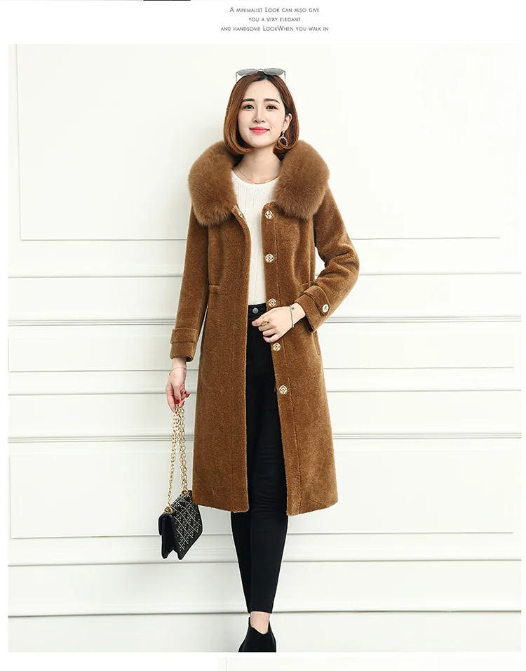 Tcyeek Women's Fur Coat Female Winter Jacket Women Natural Fox Fur Sheep Shearing Coats Long Warm Real Wool Jackets 00618