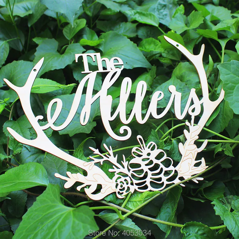 

Wooden Wall Hanging Wreath Family Personalised Sign Antler Stag Rustic Home Decor