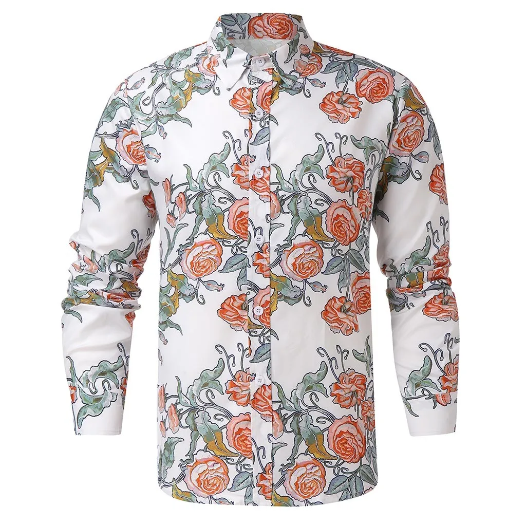 Осенняя мужская Повседневная рубашка с длинными рукавами и цветочным принтом, приталенная блуза с отложным воротником, Гавайские топы, Camisa de los hombres#15