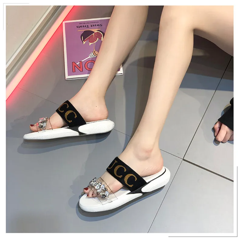 

Leisure fashion 2020 Women Slippers leather wedges Female Slides cozy beach Rhinestone Color matching shoes zapatos de mujer