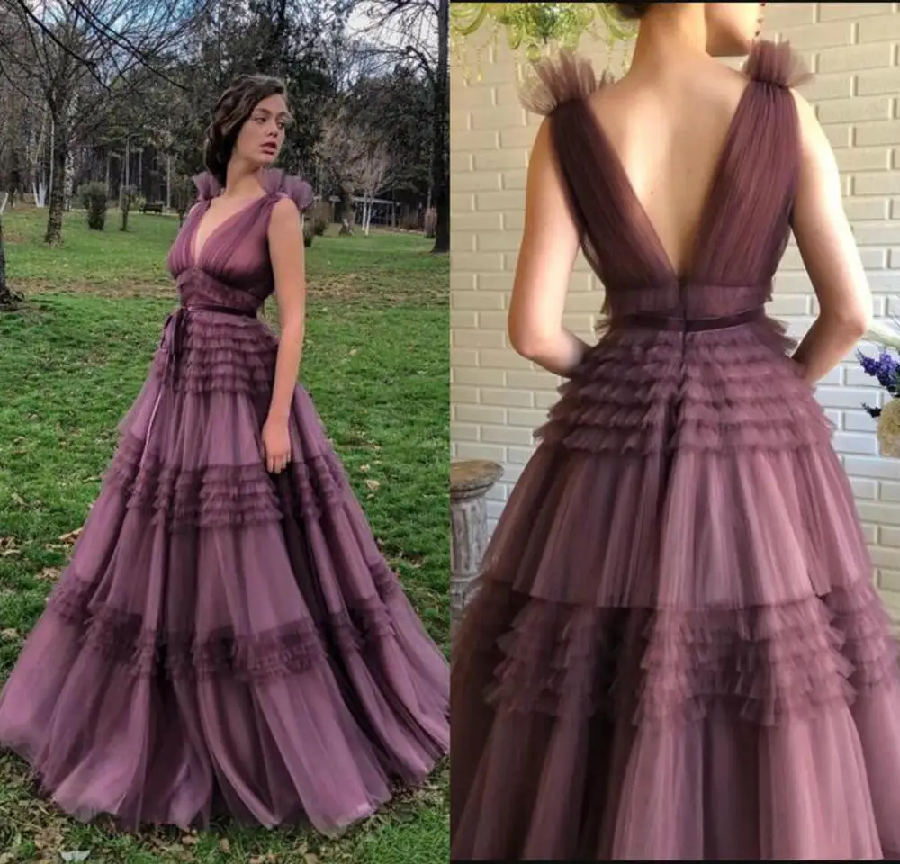 

2020 Elegant Evening Dresses V Neck Tulle Tiered Skirts Backless Prom Dress Floor Length Custom Made Formal Party Gowns