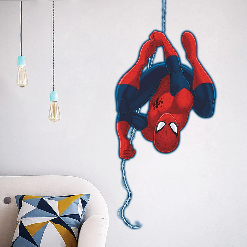 3D Spiderman wall sticker on a child’s bedroom wall, showing Spiderman in action pose bursting through the wall with vivid comic-style detail05