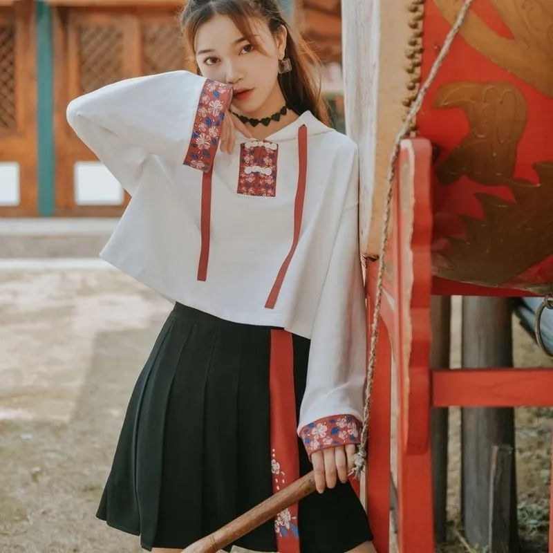

Two-piece suit Hooded Sweatshirt & pleated A-line skirt Long Sleeve Hoodies Chinese Style element Tops Mini Skirts Fashion Girl