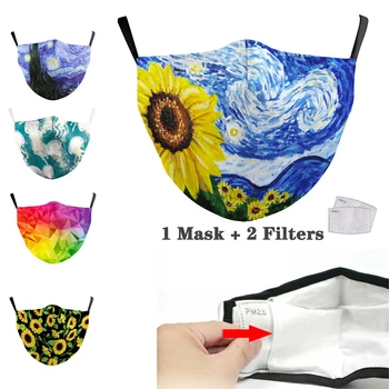 

Pm2.5 Filter Mask Adult Flower Printed Face Mask 2-layer Protective Dust-Proof Anti-Fog Haze Reusable Mouth Cover Can Put Filter