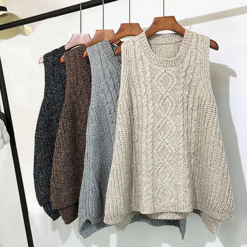 Autumn and winter clothing thick wool vest female knitted loose large size round neck in the long section of wild | Женская одежда