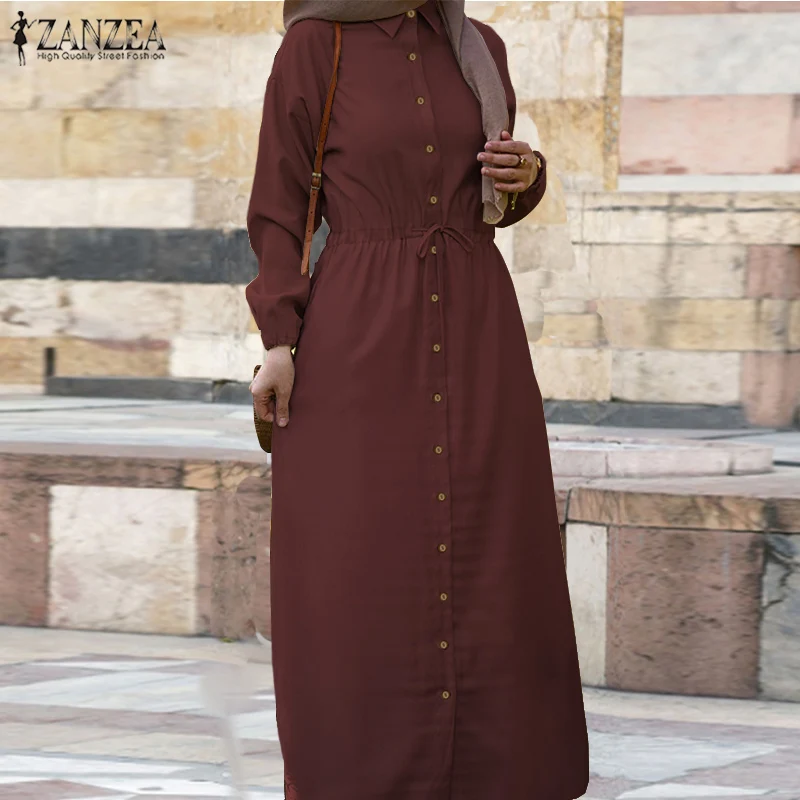 Retro Muslim Shirt Dress Womens Puff Sleeve Sundress ZANZEA 2020 Casual Drawstring Maxi Vestidos Female Button Robe Oversized