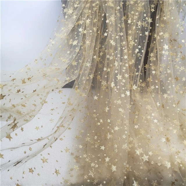 Print Gold Small Stars Tulle Lace Fabric Glitter Mesh for Party