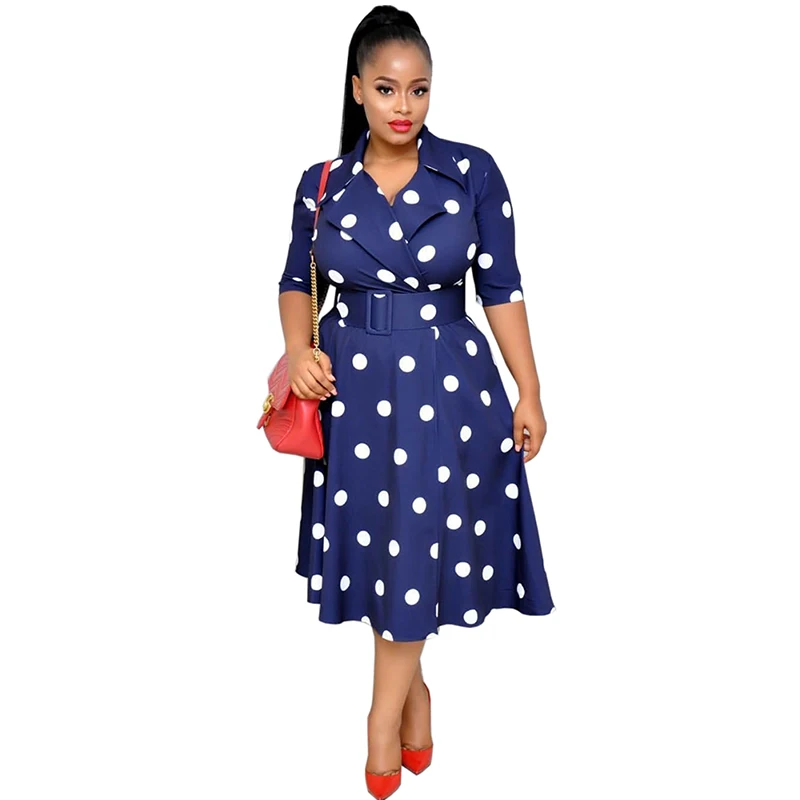 

Dashiki African Dresses For Women V Neck Half Sleeve Polka Dot Print Long Dress Pockets Belted High Waist African Clothing