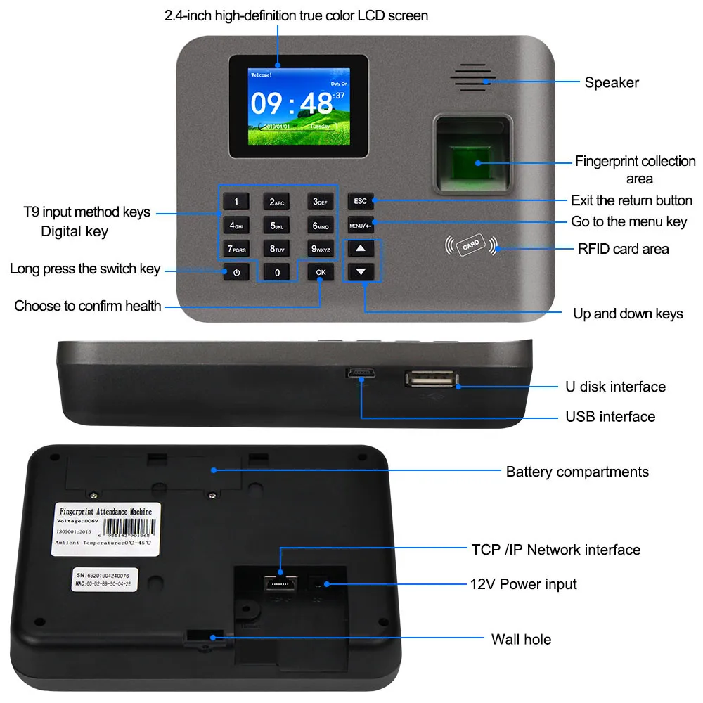 Realand 2.4inch Biometric Fingerprint Time Attendance Machine RFID Card TCP/IP/USB Employee Check-in/Check-out Device Software