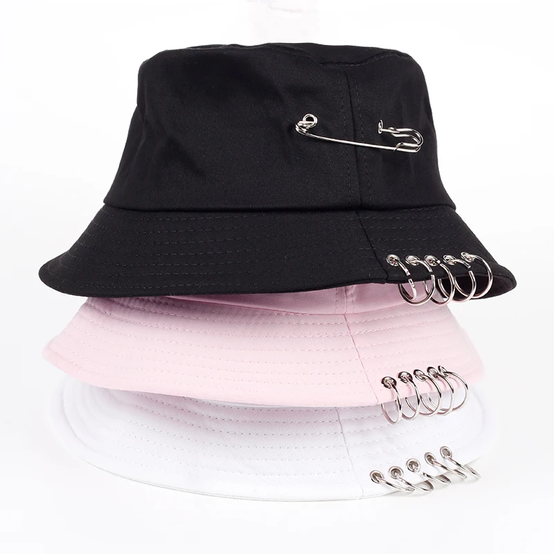 

2020 Solid Color iron pin rings personality Bucket Hat cap for unisex women men cotton fishermen caps factory sells directly