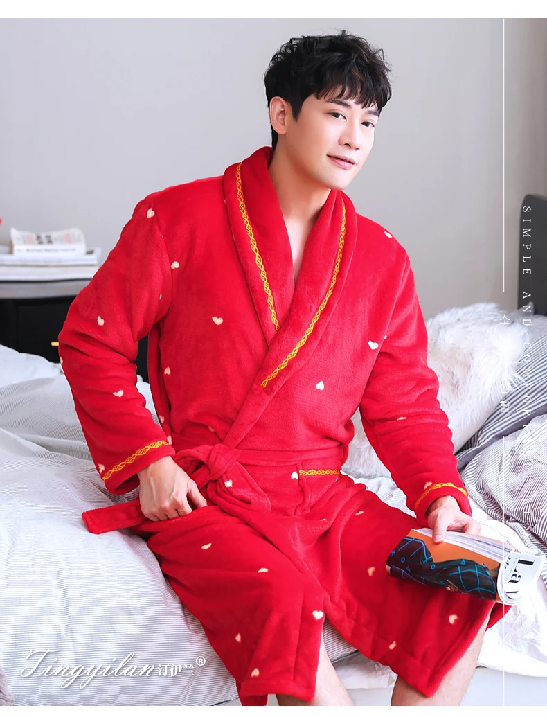 Китайский Мужской банный халат с принтом дракона, зимний фланелевый длинный халат, плотная теплая одежда для сна, ночная рубашка с длинными рукавами, мужская повседневная домашняя одежда
