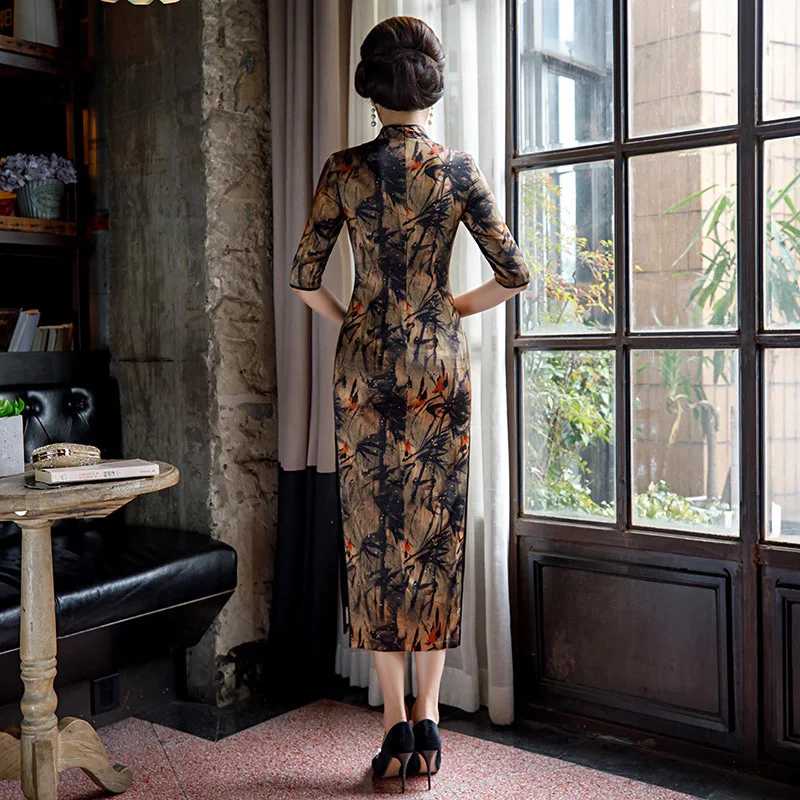 Tang cheongsam винтажная юбка с принтом шелковое китайское традиционное платье для женщин элегантное женское платье