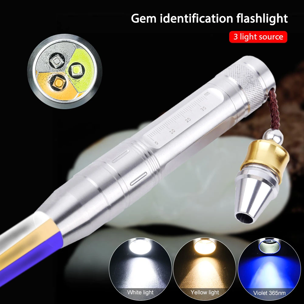 White Yellow 365nm UV Light LED Flashlight for Jade Jewelry Gem Amber Test Torch 