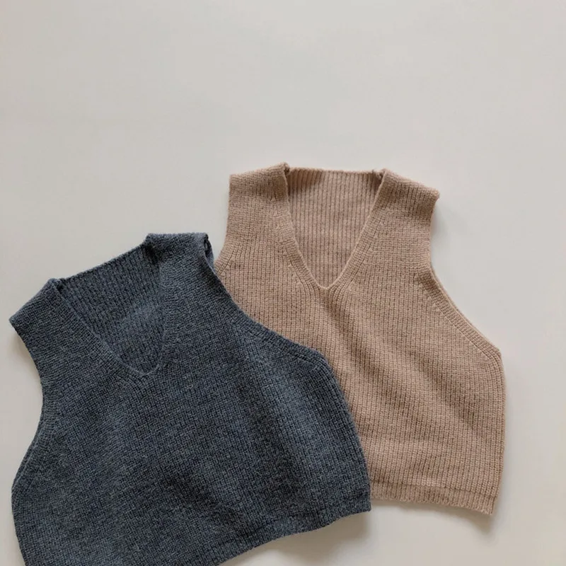 New Spring Baby Kids Knitted Vests Sleeveless Pullovers Tops Korean Style Solid Color V-neck Toddlers Children Waistcoats