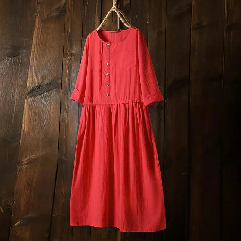 

Womens Dress Ladies Beach Summer Crew Neck Casual Fashion 3/4 Sleeve Sundress Plus Size A Line Buttons Midi Loose