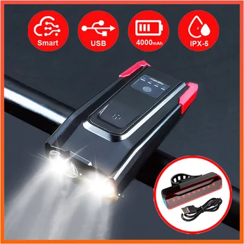 

Smart Bike Light USB Rechargeable LED Bicycle Front Lamp Real 800 Lumen Rear Light Set With Bell 120dB Waterproof T6 Headlight