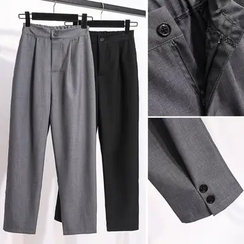 

Black,Dark Grey Girl Students Spring Summer Trousers Plus Size Women High Waist Plain Turnip Pants S-5XL