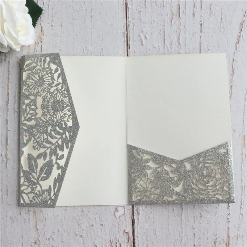 Personalizzato пригласительная открытка на свадьбу блестящий цветок из розового золота поздравительные открытки трехслойный карман 50 шт